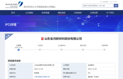 金鸿新材深主板IPO申请已获交易所受理